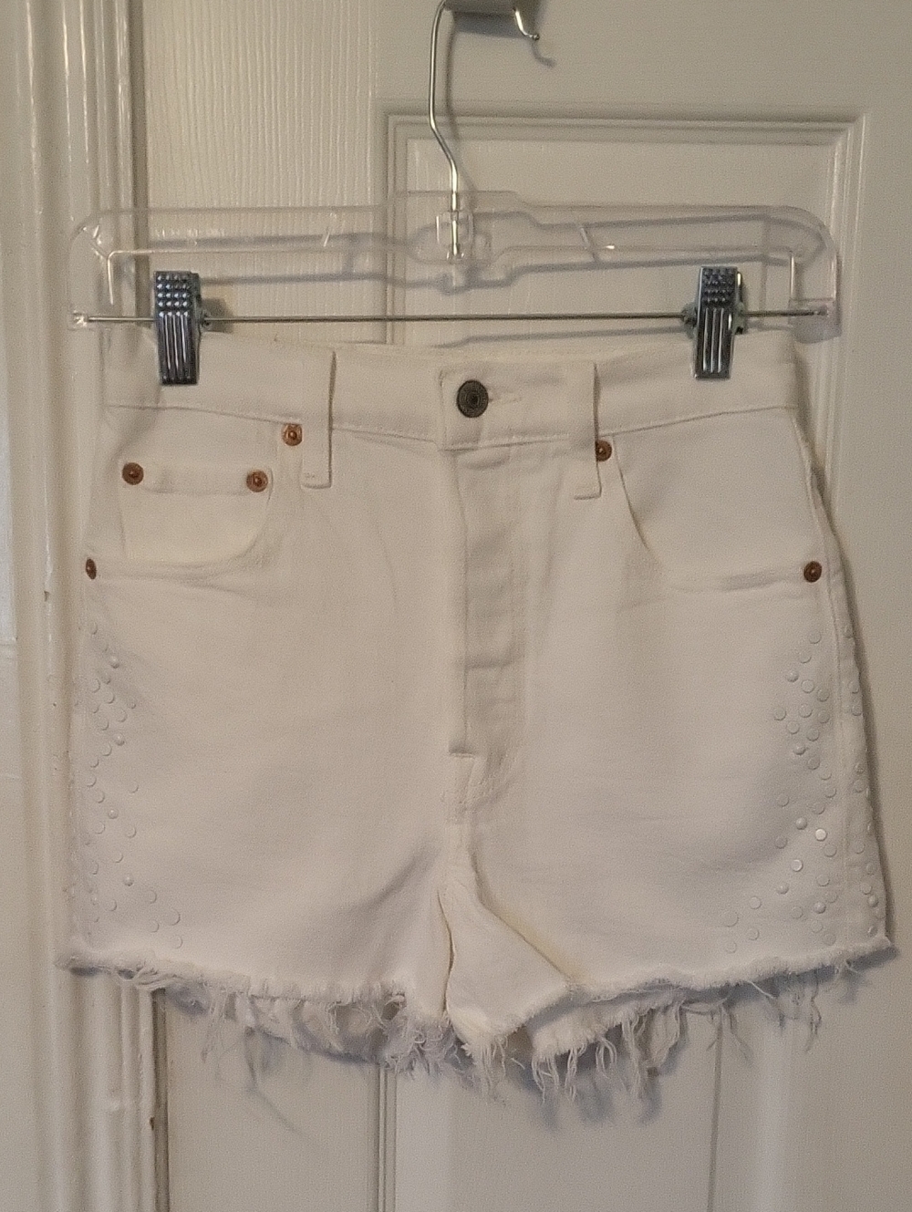 Levi's Ribcage White Studded Detail Denim Frayed Hem Shorts